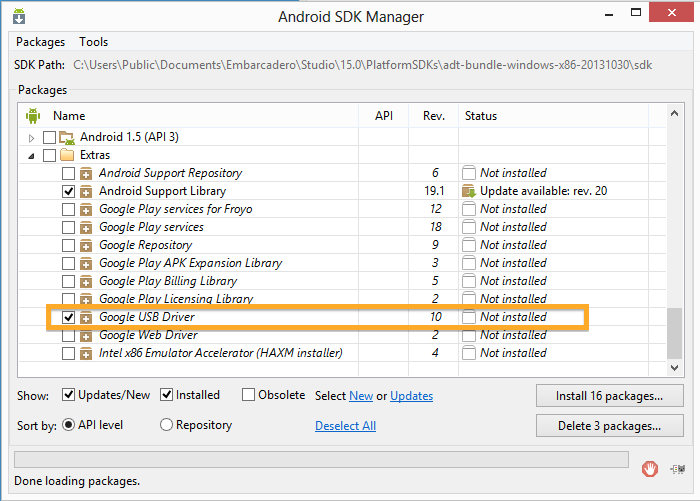 Android SDK Manager, USB Drivers ready to update
